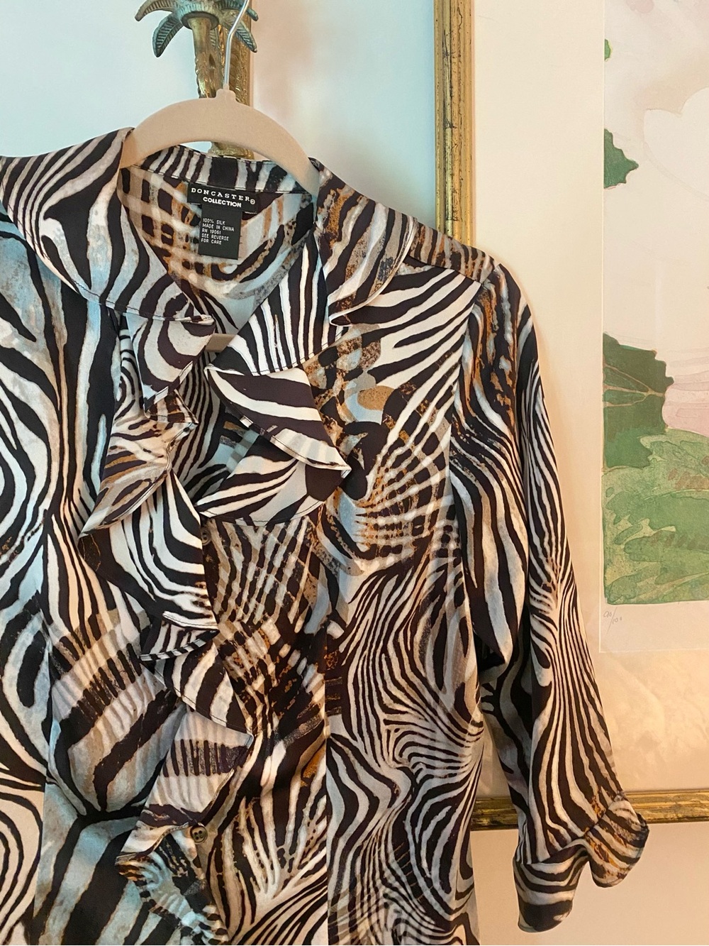 Vintage 100% silk Zebra-Print Ruffle Blouse